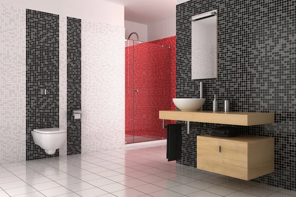 Moderne badkamer met zwarte, rode en witte tegels — Stockfoto