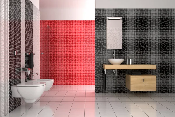 Salle de bain moderne avec carrelage noir, rouge et blanc — Photo
