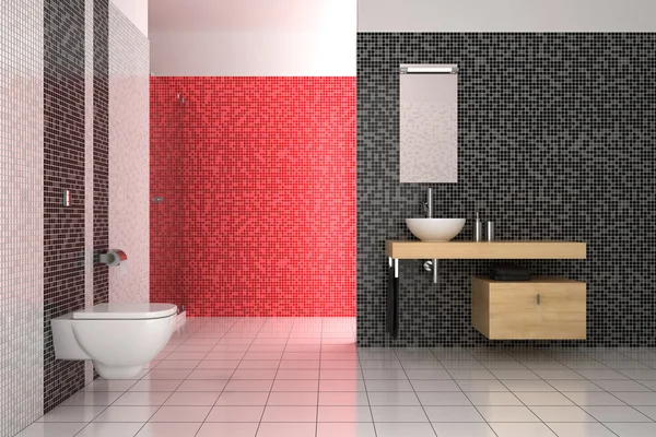 Сучасна ванна кімната з чорною, червоною та білою плиткою — стокове фото