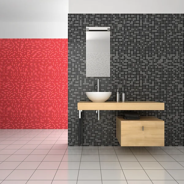 Modernes Badezimmer mit schwarzen, roten und weißen Fliesen — Stockfoto
