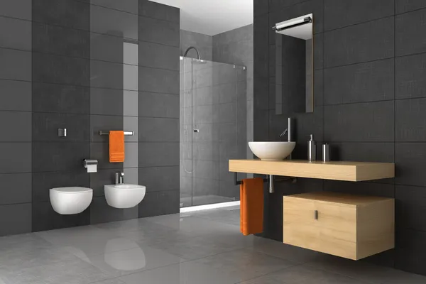 Плиточные ванные комнаты с деревянной мебелью — стоковое фото