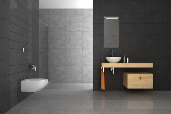 Gefliestes Badezimmer mit Holzmöbeln — Stockfoto