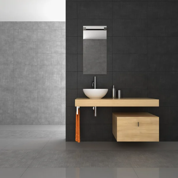 Tiled bathroom with wood furniture — Stock Photo, Image