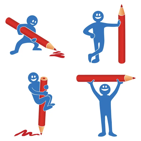 Blå stick figur med röd penna — Stock vektor