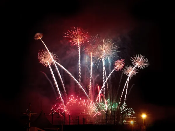 Blütenförmiges Feuerwerk am schwarzen Himmel — Stockfoto