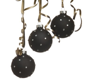 Black Christmas ball ornaments with crystalls with ribbons on w clipart