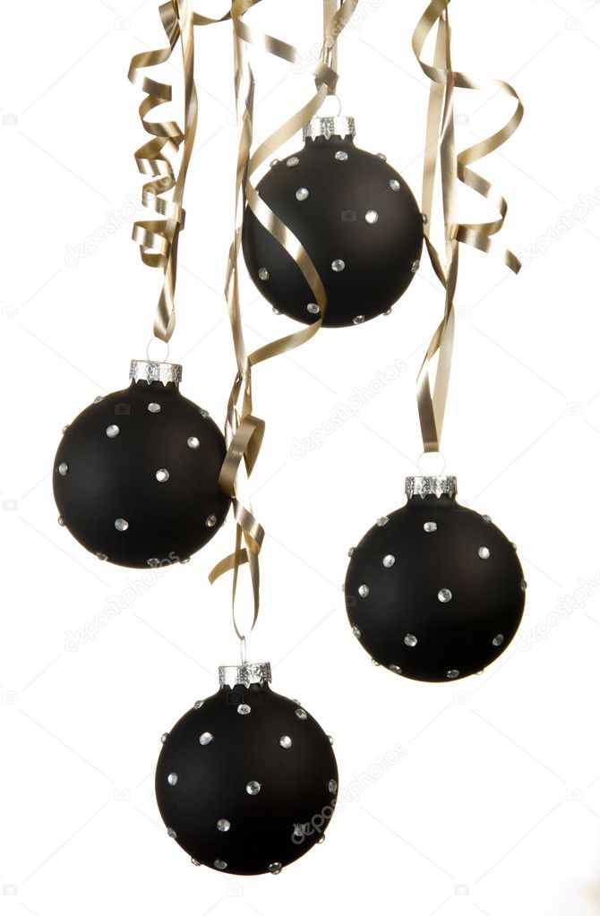 Black Christmas ball ornaments with crystalls with ribbons on w Stock Photo  by ©goldspice0708 7825994