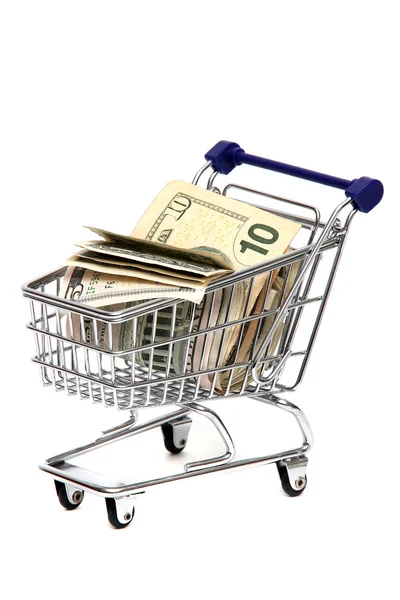 Billetes en cesta de la compra — Foto de Stock