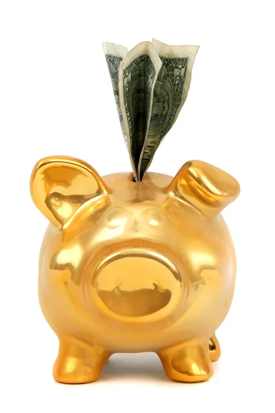 Dollar notes and golden piggy bank — Stock Photo, Image