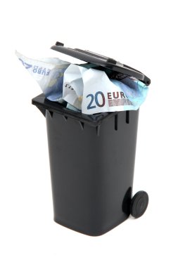 Beyaz üstüne siyah çöp Kutusu'ndaki Avrupa banka notları
