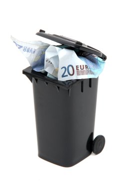 European bank notes in black rubbish bin on white clipart