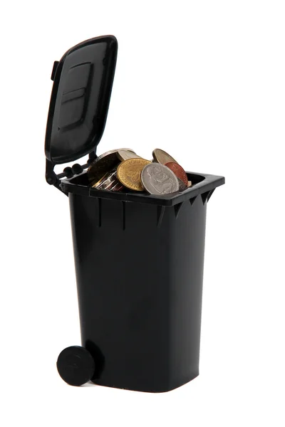 Garbage bin filled with old european coins on white — Stock Photo, Image