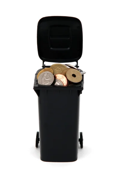Rubbish bin with old european coins on white — Stock Photo, Image