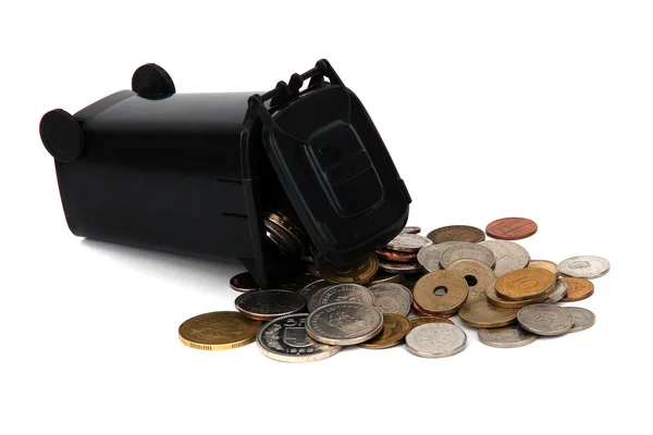 Overturned garbage bin with old european coins on white — Stock Photo, Image