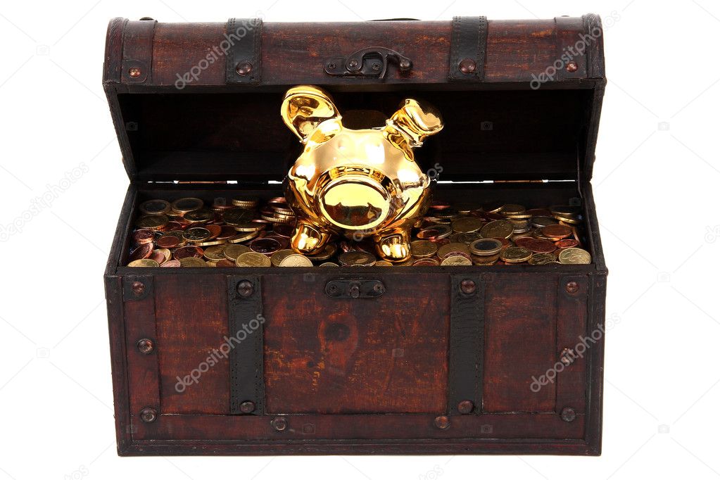 Piggy bank inside treasure chest