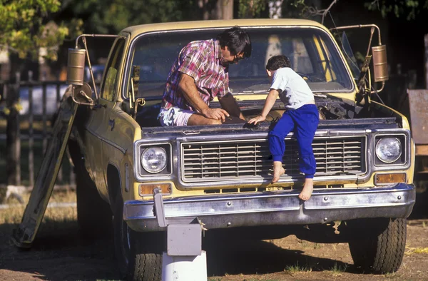 Vader en zoon tot vaststelling van de vrachtwagen. — Stockfoto