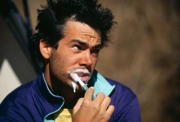 stock image Camper brushing his teeth.