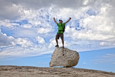 Rock climber celebrates on the summit. clipart