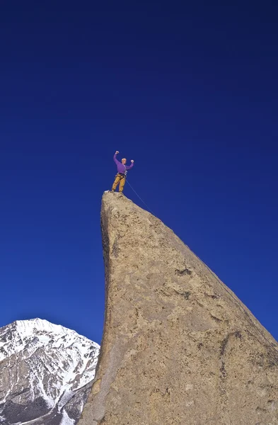 Rock klimmer viert op de top. — Stockfoto