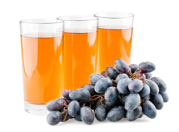 Trzy szklanki soku i oddziału winogron — Zdjęcie stockowe