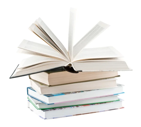 Podręczniki i jeden otwarty Podręcznik — Zdjęcie stockowe
