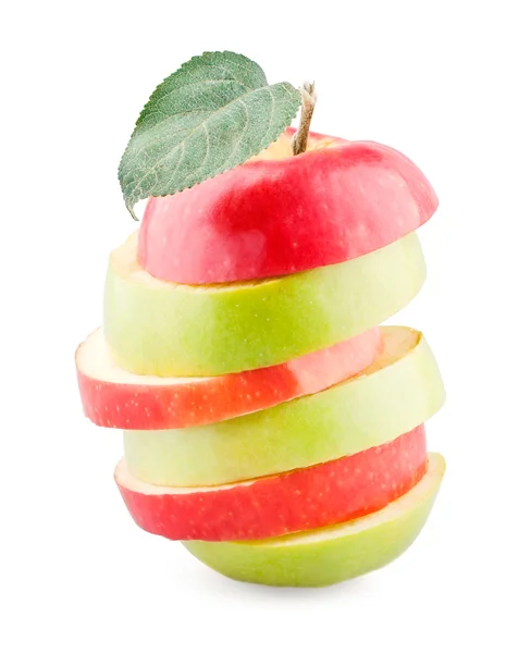 Röd-grönt äpple med blad — Stockfoto