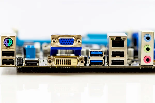 Back panel connectors of the modern computer motherboard — Stock Photo, Image