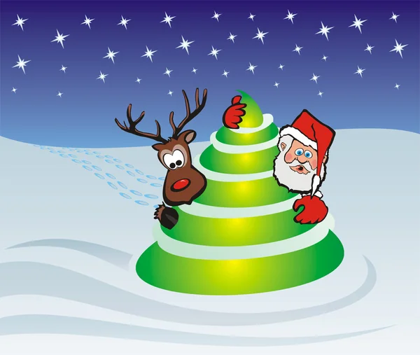 Weihnachtsbaum, Weihnachtsmann und Rentiere — Stockvektor