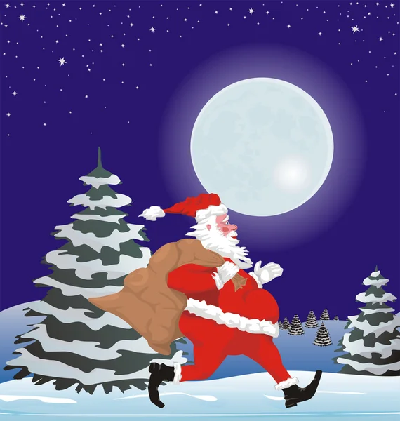 Running Père Noël avec un sac de cadeaux — Image vectorielle