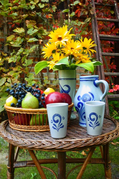 Podzimní plody v tabulce proutěný — Stock fotografie