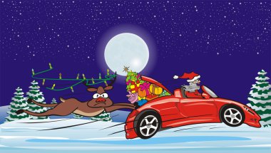 Crazy santa in convertible and surprised reindeer clipart