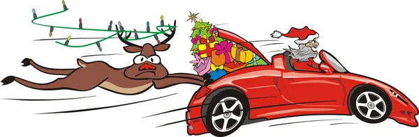 Crazy santa in convertible and surprised reindeer — Stock Vector