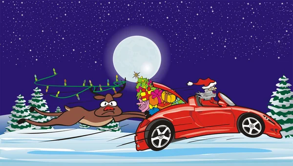 Verrückter Weihnachtsmann im Cabrio und überraschte Rentiere — Stockvektor