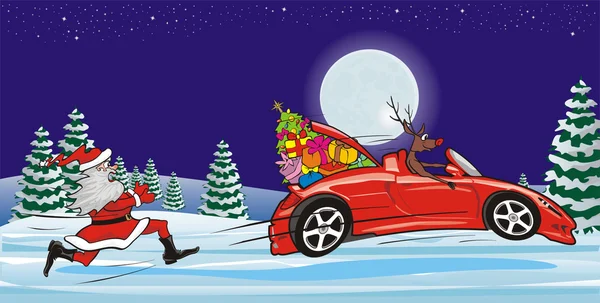 Renne fuyant le Père Noël claus - décor de Noël — Image vectorielle