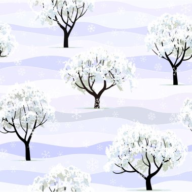 Trees in snow in winter garden seamless clipart