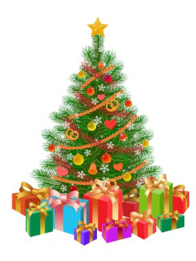 Decorated christmas tree wirh presents isolated clipart