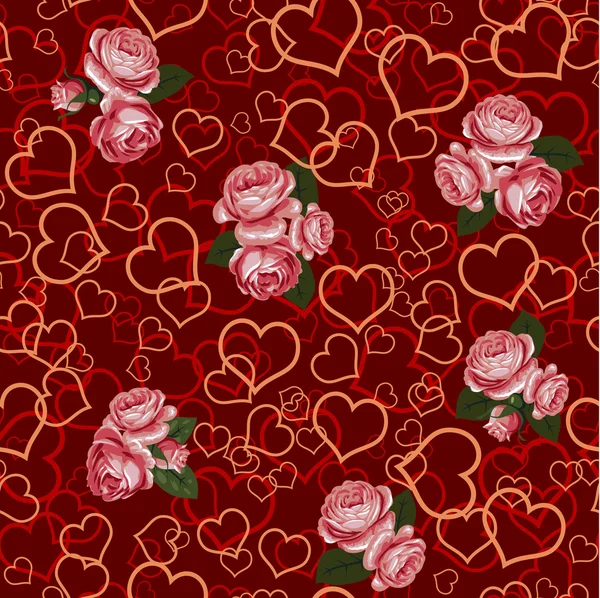 红玫瑰和无缝的心 — 图库矢量图片