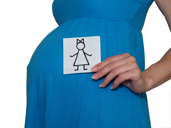 Die Schwangere hält Zeichnung des Mädchens in der Hand — Stockfoto