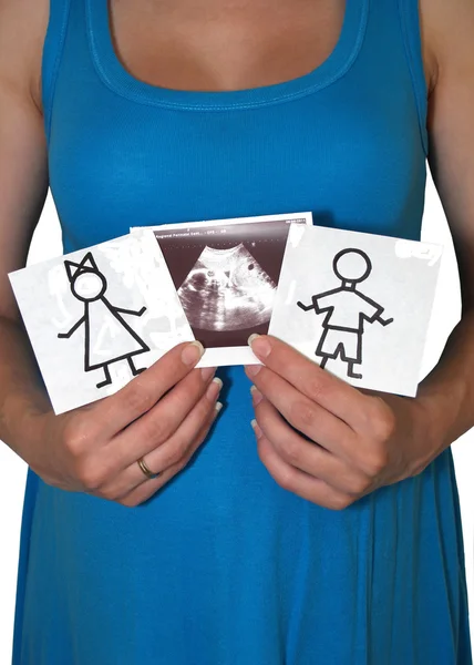 ?怀孕的女人抱着图片女孩和男孩和超声图片的 t — 图库照片