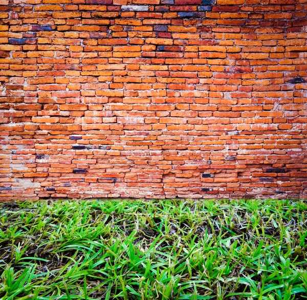 고 대 벽돌 벽과 잔디 필드 — 스톡 사진