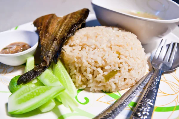 Gebakken rijst met gebakken vis — Stockfoto