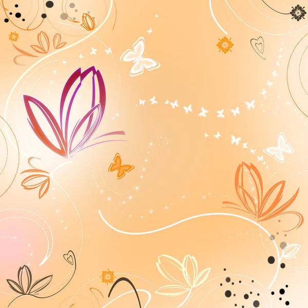 Orange background with flowers and butterflies — Stock Photo, Image