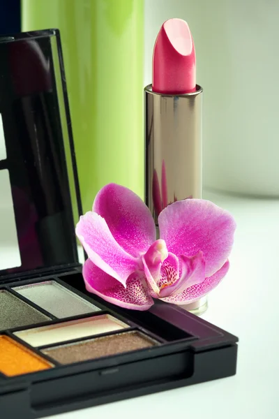 Conceito de cosméticos naturais: paleta de batom e sombra com o — Fotografia de Stock