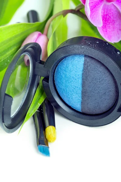 Természetes kozmetikumok koncepció: eyeshadows és smink ecset-ba — Stock Fotó