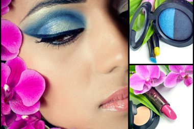 Collage of beautiful woman's face with natural cosmetics sets clipart