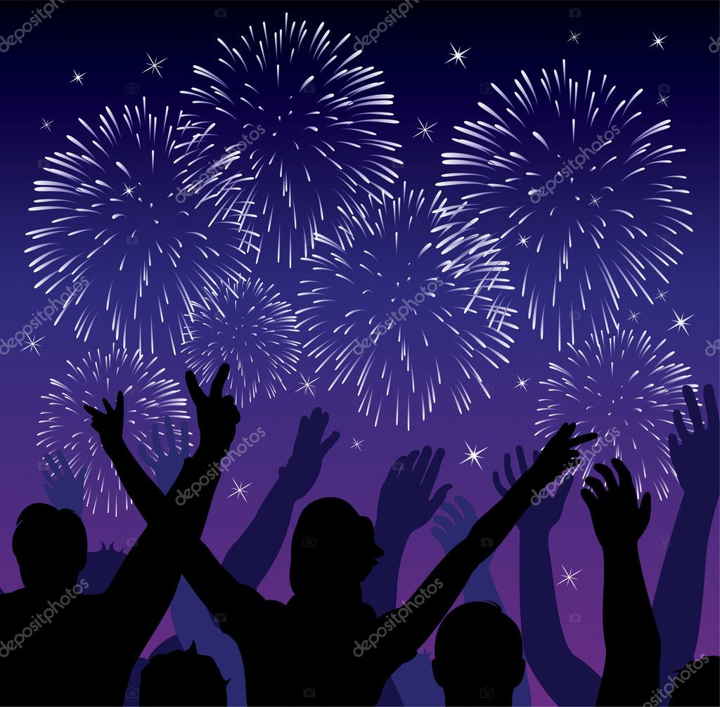 Fireworks with silhouettes of happy — Stock Vector © dmstudio #7257017