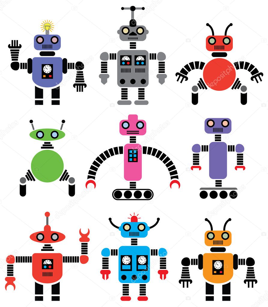 Set of robots of various shapes and colors — Stock Vector © dmstudio ...