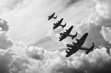 Black and white retro image of Batttle of Britain WW2 airplanes clipart