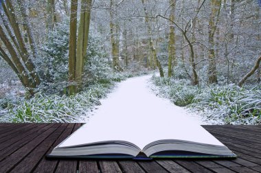 Creative concept idea of Winter landscape coming out of pages in clipart