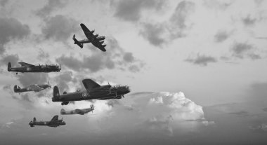 Black and white retro image of Batttle of Britain WW2 airplanes clipart